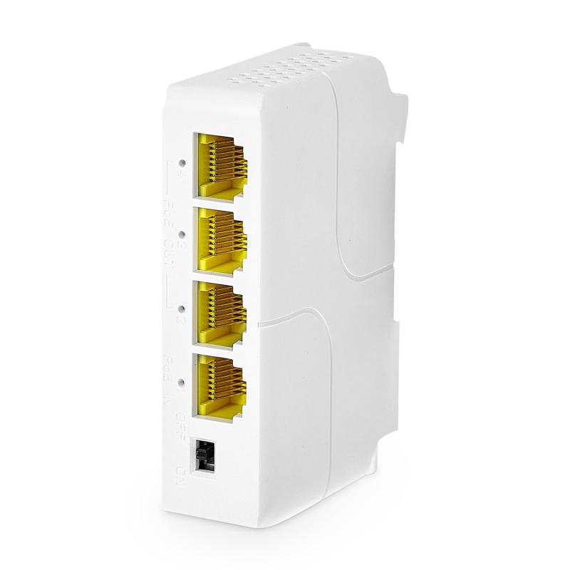 MokerLink 4ポートギガビットPoEエクステンダー、IEEE 802.3 af/at リピーター、10/100/1000Mbps、1イン3アウト、ウォール&amp;DINレールマウントパススルースイッチ