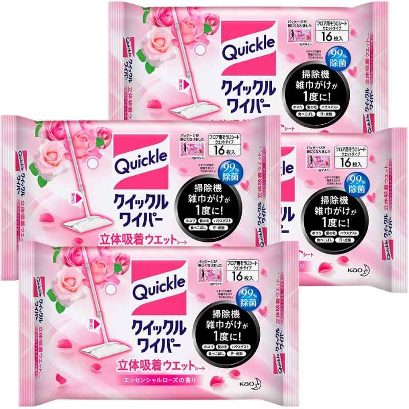 【まとめ買い】クイックルワイパー フロア用掃除道具 立体吸着ウエットシート ローズの香り 16枚入×4個
