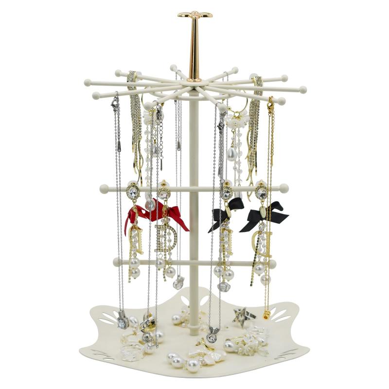 MrMrKura ジュエリースタンド 回転式 3段 ジュエリーホルダー 30cm ジュエリー収納 アクセサリースタンド 金属 ピアス ネックレスとピアス用 黒 白 おしゃれ 大容量 撮影高品質素材：こちらのジュエリー収納は耐久性がよくて、頑丈で高品質の金属製で作られていてます。回転式ジュエリーホルダーは表面に均一にペンキ塗装され、傷つきをしにくく、すべてのアクセサリーの便利のジュエリースタンドです。素晴らしいデザイン：3段ジュエリーホルダーは複数層と三層目ロータリー支柱の設計により、ピアス、イアリング、指輪、ネックレス、腕時計など、様々なアクセサリーを収納することができる大容量ジュエリー収納になります。見やすいディスプレイスタンド：アクセサリースタンドは素敵な展示することができる設計になっていて、アクセサリーのデザインを見るのに便利で、お店や撮影時のアイテムにも適しています。ネックレススタンドはお宅で使う場合でも、綺麗なインテリアにもなる一方、探したいアクセサリーも簡単に見つけられます。喜ばれるプレゼント：ネックレスホルダーは綺麗な外観と実用性が兼ね備えたギフトにもなり、収納用品がお好きな方には最適です。アクセサリー収納は誕生日、記念日、祝日、バレンタインデーなどの日にも家族、彼女、母親へのプレゼントとしては適しています。いいサイズ：吊るすネックレス収納のサイズは役22×23×30cmぐらいになり、多様な長さのアクセサリーに適用です。絡まないアクセサリー収納は多くの家庭の収納ニーズに満たせることができます。