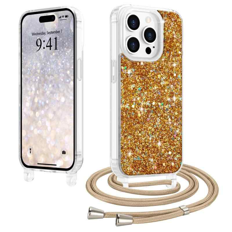 樂天商城 - LCHULLE 用の iPhone 15 Pro ケース キラキラ ラメ ショルダー ストラップ付き カバー かわいい グリッター 女の子 韓国 おしゃれ 斜めかけ 肩掛け 軽量 耐衝撃 TPU 落下防止 ネックストラップ 長さ