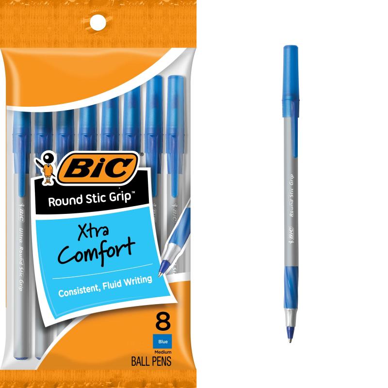 BIC ラウンド スティック グリップ エクストラ コンフォート ボールペン 中字 (1.2mm)、ブルー 8本