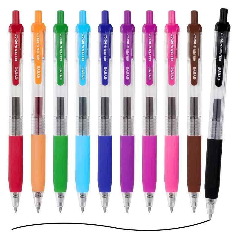 EYEYE ボールペン 10色 0.7 mm ペンセット 10本パック マルチカラー ゲルインキ ゲルペン 水性ボールペン ノック式 格納式 学校 オフィス用 なめらかな書き心地 G-103