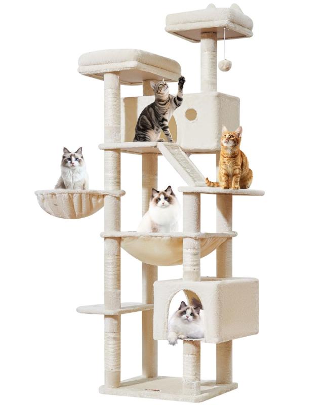 Taoqimiao キャットタワー 高さ 180cm 大型猫用 多頭飼い対応 据え置き式 猫タワー 省スペース 多機能 ベージュ MS026LM【6 層オールインワン設計 多機能キャットタワー】：高さ約 180cm の 6 層構造で、ソフトトップ、キャットハウス、ハンモック、吊りバスケット、サイザル麻スロープを完備。シニア猫やジャンプが苦手な猫でも上り下りしやすく、運動不足を解消します。【省スペース &amp; 安定構造 大型猫・多頭飼い対応】：底座サイズ約 50×44cm、厚手底板と補強構造を採用。大型猫のジャンプや多頭での使用でもぐらつかず、愛猫の安全を守ります。【天然サイザル麻 8 本柱 家具保護に最適】：天然サイザル麻の爪とぎ柱 8 本とスロープ、鈴付きおもちゃ付き。猫の爪とぎ本能を満たし、ソファや壁へのイタズラを防ぎます。【豊富な休息スペース ゆったりくつろげる】：複数のキャットハウス、展望台、ハンモックを完備。柔らかい素材で寝心地が良く、愛猫のプライベート空間を提供します。【組立簡単 取扱いやすい設計】：詳しい説明書付きで、部品が精密にフィットし初心者でも組立てやすい。万が一の問題も迅速にサポートいたします。