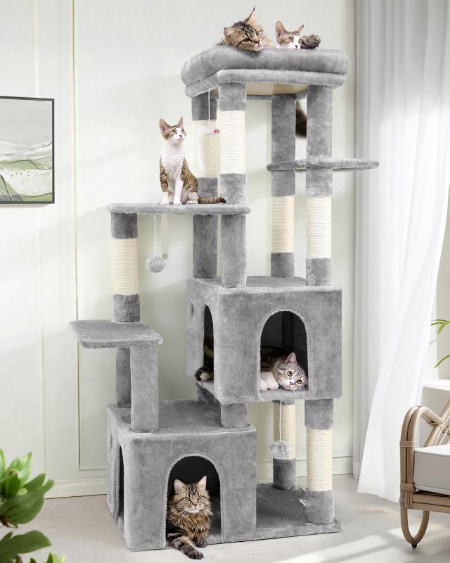 Globlazer キャットタワー 据え置き シニア 猫タワー 大型猫用 猫タワー 多頭飼い 大型 多機能 登りやすい 2ねこハウス 7天然麻紐爪とぎポール ぬいぐるみクッション展望台 猫 ベッド ハンギン