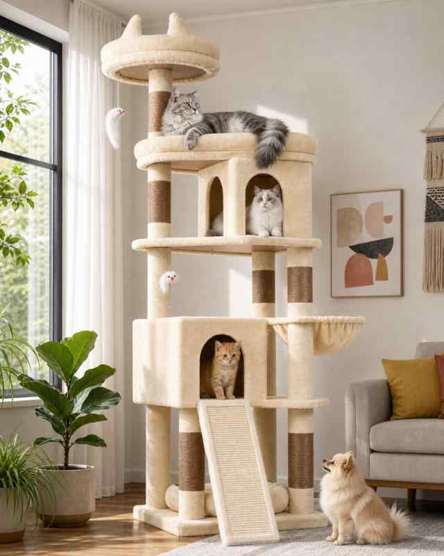 Globlazer S72 キャットタワー 大型 頑丈 多頭飼い 高さ178 cm 付き 展望台2つ ハンモック ベージュ【多頭飼いの家庭に最適】S72キャットツリーには、キャットハウス2つ、展望台2つ、吊り下げバスケット、移動可能なペットベッド、猫の爪とぎボード付属、3〜5匹の猫が休んだり遊んだりするのに適しています。厚く大きくされたベースボードが強化された頑丈さをします。独特のデザインが正確に重心を中心に保ち、複数の大型猫が動いてもこの高いキャットタワーが倒れにくくなっています。【大型パッド付きプラットフォーム】大型猫用のこの大型キャットタワーには、特大サイズのプラットフォーム（55cmx30cm）が備わっており、83％拡大されており、成猫でもこの広々とした快適なエリアで快適に休息を楽しむことができます。【2つのキャットハウス、2つのスタイル】2つのキャットコンドが装備されています。大型キャットコンドは大型猫にプライベートな休息スペースを提供します。高位のコンドは「見張り塔」として機能し、周囲をこっそりと観察することができます。【猫の本能を満たす】傾斜したサイザル麻の猫の爪とぎボード6本のサイザル麻の猫の爪とぎポストを備えたキャットツリー。猫が思う存分爪とぎを楽しめるだけでなく、ソファやカーテンなどの家具へのダメージも軽減します。【ボーナス独立ペットベッド】独立して使用できるだけでなく猫にも適した別のペットベッド（45cmx34cm）を特長としています。このおしゃれなキャットタワーの下や猫のお気に入りの場所に置くことができます。また、複数のペットがいる家庭にも適しており、他のペットもその利点を楽しむことができます。