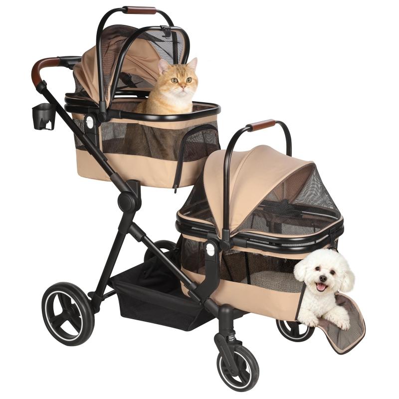 折りたたみ式 ペットカート 小型犬 中型犬 猫 2台分離型 軽量 ダブル＆シングル 一体化 ペットバギー キャリーカート 分離可能 多頭用 4輪 360°回転 コンパクト 収納可能 ベージュ3WAY仕様：ダブル＆シングル＆キャリー ペットカートは2段構造で、最大2匹の小型・中型犬や猫を同時に乗せられます。バスケットは取り外し可能で、分離型のキャリーバッグとしても使用可能。お出かけのシーンに合わせてダブル・シングルに変更でき、多頭用にも対応します。簡単組み立て＆ワンタッチ折りたたみ 工具不要で数分で組み立て可能。折りたたみはワンタッチで完了し、軽量コンパクトに収納できます。車のトランクや自宅収納にも便利です。衝撃吸収＆360°回転キャスター 前後輪にダブルスプリング式の衝撃吸収サスペンションを搭載。4輪走行でガタガタ道もスムーズ。前輪は360°回転可能で、小回り抜群。後輪には安全ブレーキ付き。取り外し可能なバスケット＆通気性抜群 バスケットは分離可能で、180°開くキャノピー付き。ペットの出入り口は2か所。内部は通気性と明るさを確保し、あごのせクッション付きで不安になりがちなペットもリラックス。安全設計＆快適装備 キャノピーロック、犬 カート クッション、引っかき防止ネット、厚手オックスフォード生地を採用。内部にはペット用安全リード付きで、ペットの飛び出しを防止。大型収納ポケット付きで飼い主の必需品も収納可能。