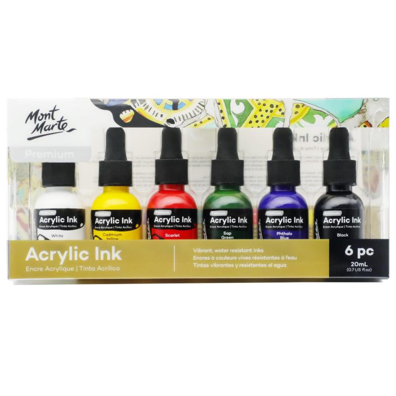 樂天商城 - Mont Marte アクリルインク 6本x 20 ml 芸術家用 基本色 細かいディテールと水洗した色に使用され エアブラシ 流れ塗装、スクラップ画、水墨画、混合媒体に非常に適している