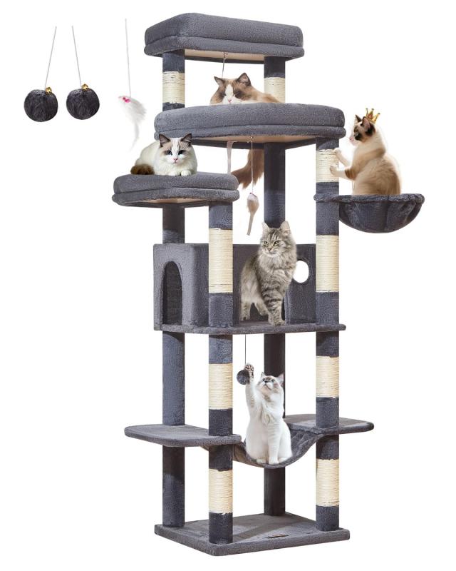 Rakuten - Taoqimiao キャットタワー 高さ180cm 大型猫用 多頭飼い 猫タワー 据え置き型 超スリム 省スペース 安定感 運動不足解消 猫ハウス 超大型扇形プラットフォーム 天然麻紐 爪研ぎ棒 9本爪とぎ柱