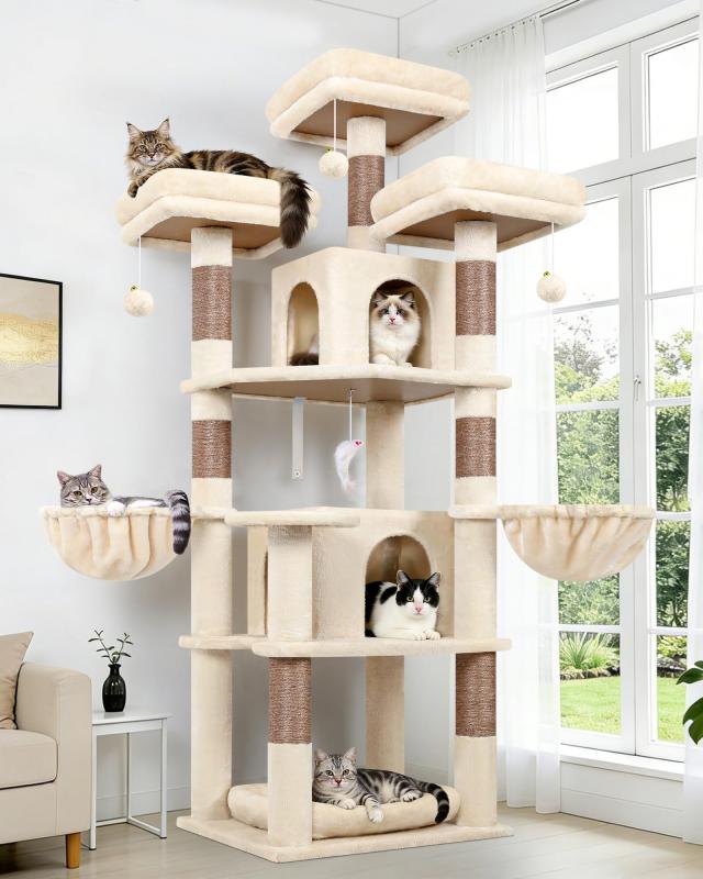 Globlazer キャットタワー ベージュ 高さ174cm 多機能 多頭飼い 猫タワー 取り外し可能なパッド展望台3つ キャットハウス2つ ポータブルペットベッド と柔らかく快適な吊り下げバスケット2つ