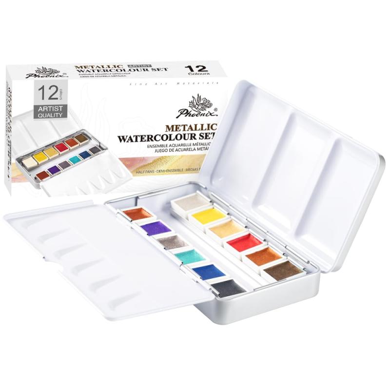 PHOENIX メタリック 水彩絵具セット – 12色のグリッター色ハーフパン / 透明質感ピグメント水彩/パレット付きのブリキ箱入り - コンパクト携帯に便利トラベルセット