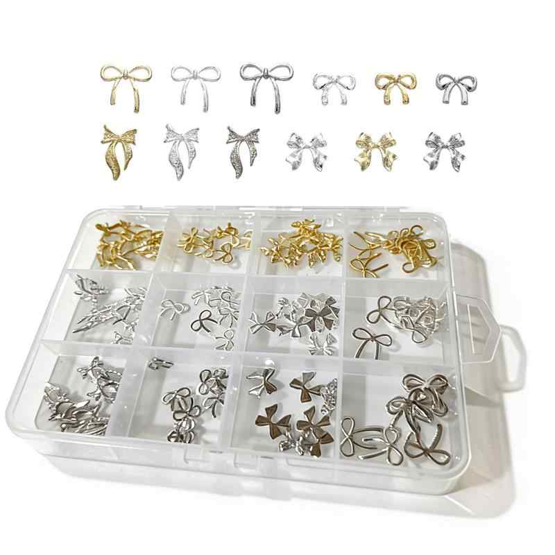 LOYELEY ネイルパーツ リボン 96個セット 3D 立体 蝶結び ラインストーン キラキラ ネイルパーツ デコパーツ ネイルアート シルバー メタルパーツ 人気 ジュエリーパーツ ネイルアート デコパ