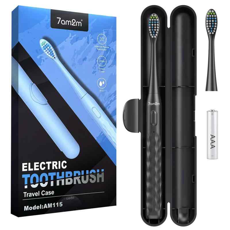 Rakuten - 7am2m 電動歯ブラシ 電池式 38,000回/分 高速音波振動 携帯用 音波電動歯ブラシ コンパクト トラベル 歯ブラシ オートタイマー機能 IPX7防水 低騒音 替えブラシ2本付き 収納ケース付き 外出/旅行