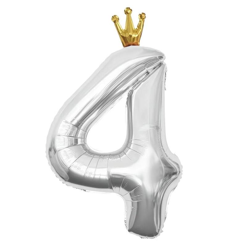 PomeloCoto 4数字 バルーン銀 大きい誕生日 飾り付け4歳, 100cm王冠銀風船 数字4スウジ バルーン オオキイ 記念日/カーニバル/卒業式/プロポーズ/写真撮影用小道具