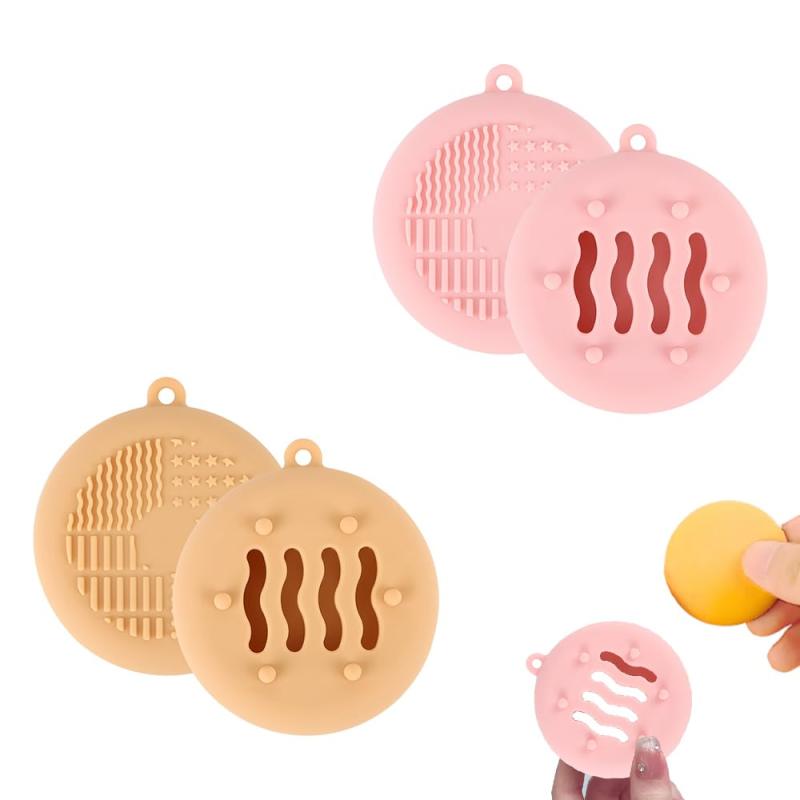 WFGKPXC パフケース メイクスポンジ ケース 収納 シリコン製 通気性あり 旅行用収納ボックス パフ メーク パウダー 両面中空デザイン 通気性 水や汚れをはじく 落下防止 収納 便利2個入り (ピ