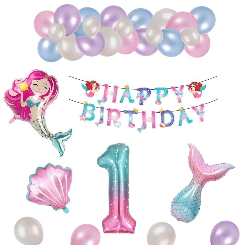Rakuten - 女の子 誕生日 バルーン 風船 セット 人魚姫 貝殻 誕生日 飾り 40 inch 誕生日 数字バルーン HAPPY BIRTHDAY ガーランド バースデー 飾り付け セット