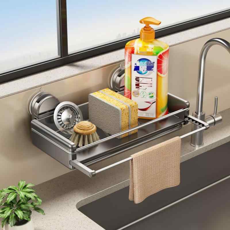 スポンジ置き 吸盤 スポンジホルダー キッチン スポンジラック 台所 洗剤ラック 金属 たわしホルダー 壁掛け 受けトレイ付き 防錆 VOLPONE