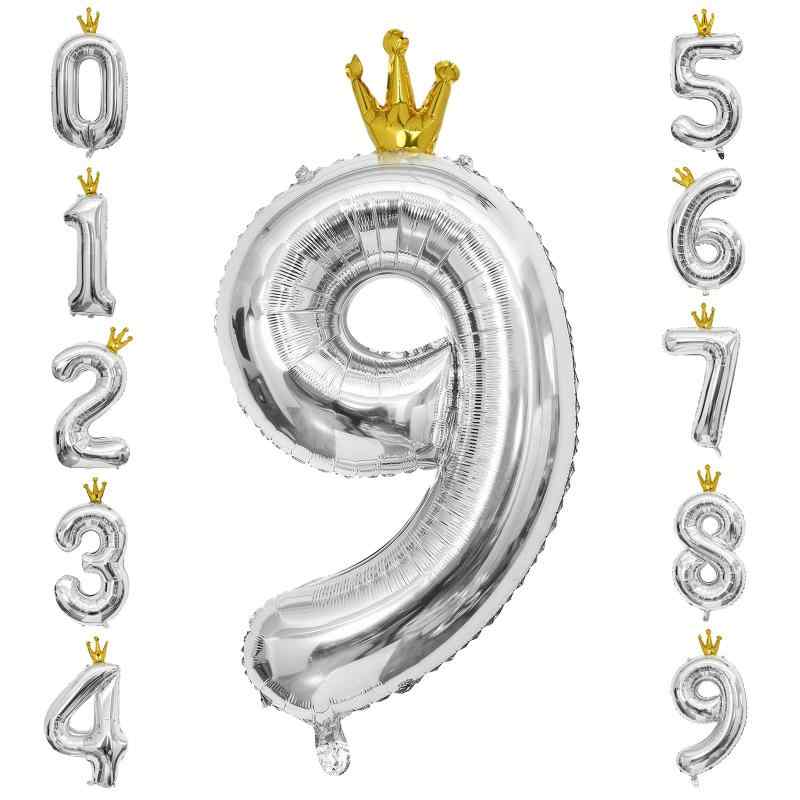 GRESATEK バルーン 数字9 風船 誕生日 40インチ 大きい ナンバー バースデーバルーン 王冠付き クラウン 飾り付け 結婚式 パーティー 記念日 ウェディング シルバー