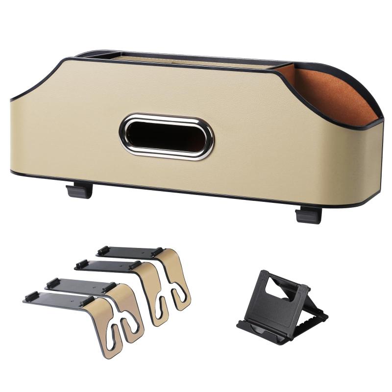 車の後部座席オーガナイザー 車 ドリンクホルダー 後部座席 車用多機能収納ボックス 車 ティッシュホルダーとカップホルダー2個付き カー用品 便利グッズ PUレザー フック 2個付き バッグ