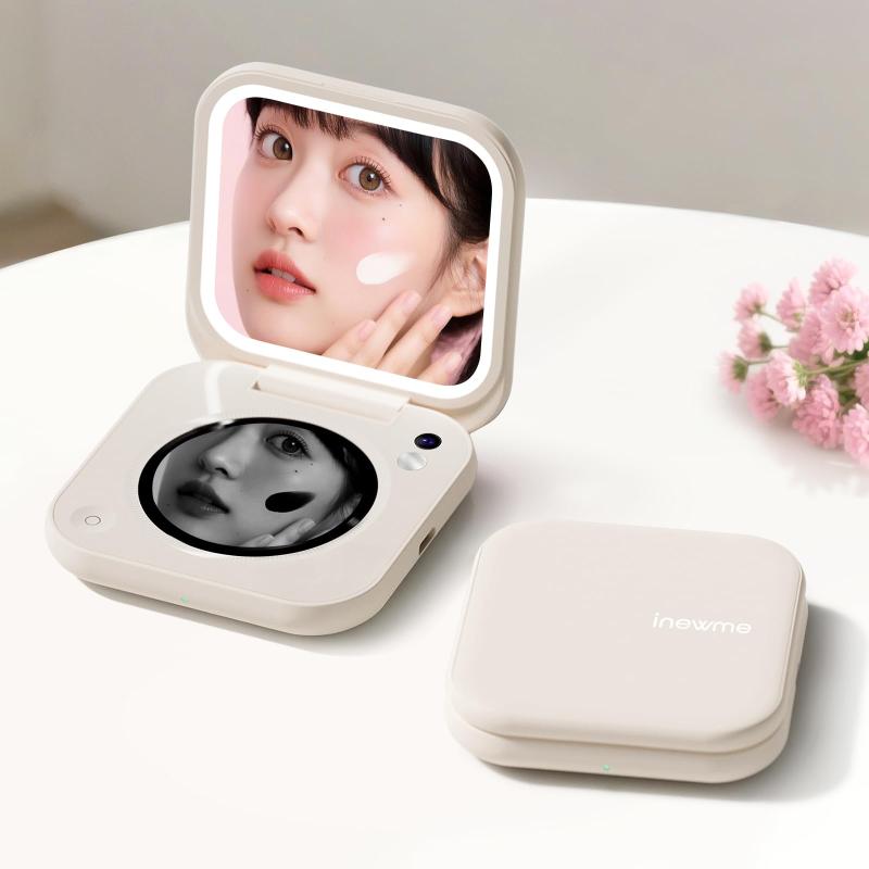inewme UVチェッカー付き 女優ミラー 手鏡 USB充電式 LEDライト 3光色無段階調光 折りたたみ コンパクト メイク直し 化粧鏡 プレゼントに最適 持ち運び用
