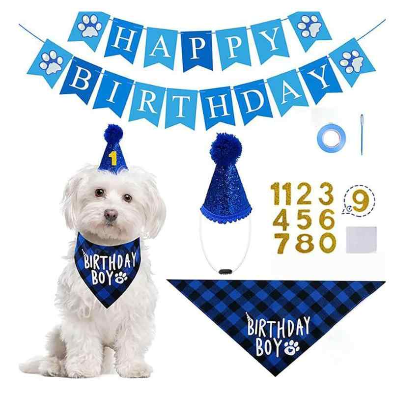 Mirhua 犬 誕生日 スタイ グッズ 誕生日帽子 犬 誕生日帽子 バンダナ バナー ペットグッズ おしゃれ 記念日 パーティー飾り (ブルー)