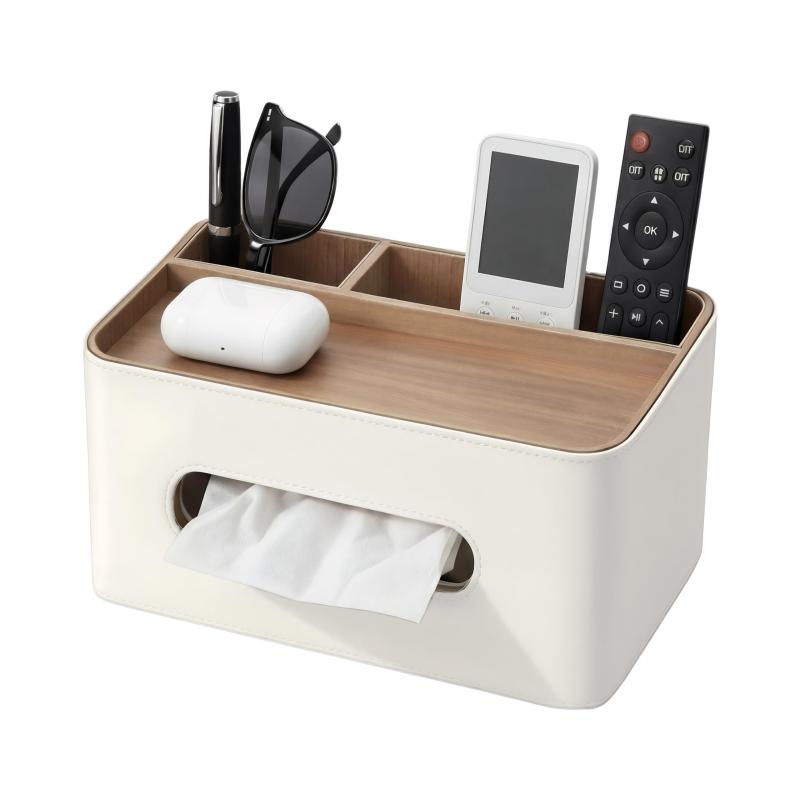 Rakuten - Graliox ティッシュケース 北欧風 収納ボックス 高級PUレザー ソフトパック専用 多機能 卓上収納 無臭・防汚 リモコン収納 小物入れ おしゃれ ティッシュボックス リビング 寝室 車内 木目調