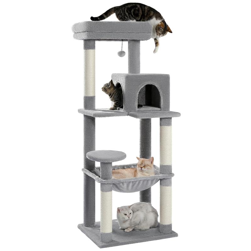PETEPELA(ぺテぺラ) キャットタワー スリム 大型猫用 据え置き 省スペース 143cm ハンモック 爪とぎ 見晴台 多頭飼い グレー【商品仕様】Sサイズ：幅44×奥行34×高さ113cm、重量8.7kg//Mサイズ：幅45×奥行41×高さ116cm、重量8.7kg//Lサイズ：幅55×奥行45×高さ143cm、重量11.6kg。【安定性抜群トップベッド】下に2本の柱が支えているので、一本の柱タイプより安定性抜群です幅45*奥行30cm、大型猫にも座れますカバーも取り外して洗えます【スリム＆省スペースで置きやすい】限られた室内スペースにも設置しやすいスリム設計。リビング、寝室、マンションなどでも圧迫感を抑えて使用できます。猫用品でありながら、シンプルなベージュカラーで家具との相性も良く、インテリアになじみやすいデザインです。【ハンモック・ねこハウス付きで快適な休憩場所】猫が安心して休めるハンモックとねこハウスを搭載。遊んだ後のお昼寝や、一人でゆっくり過ごしたい時のリラックススペースとして活用できます。猫それぞれのお気に入り場所を作れるため、多頭飼い家庭にもおすすめです。【天然麻紐爪とぎポールで習性をサポート】猫が自然に行う爪とぎ行動に対応した天然麻紐ポール付き。爪のお手入れをしながら遊ぶことができ、家具や壁への爪とぎ対策にも役立ちます。耐久性にも配慮した設計で、毎日の使用に適しています。【組み立て前に説明書のご確認を】工具付きで、説明書に沿って組み立てられます。万一、説明書と部品が合わない・ネジ穴がずれている等がありましたら、お気軽にご連絡ください。交換部品を迅速にお送りします