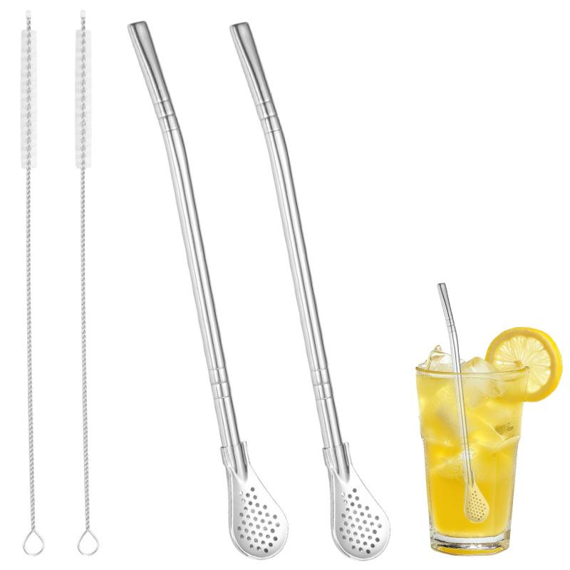 YuanVQuanWee ステンレス製スプーン 洗える 再利用可能 吸飲 撹拌用 多機能 携帯便利 18cm洗浄ブラシ付き 両用取り外し可能 （ストロー2本＋クリーニングブラシ2本）