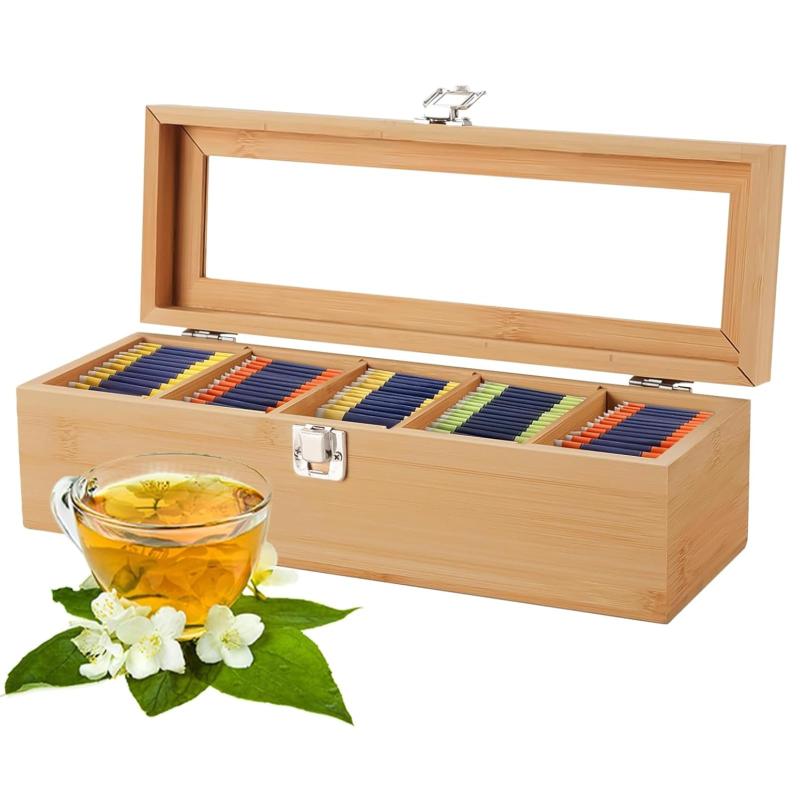Rakuten - ティーバッグオーガナイザー 紅茶 ティーバッグホルダー 木 透明蓋付き 防塵 防湿 紅茶パック 収納ケース 5格仕切り 大容量 留め具付き コーヒーポッド/調味料/砂糖/化粧品 小物整理 tea bag o