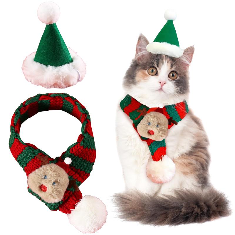 CANPLUS 2点セット クリスマス 犬 猫 帽子 マフラー 猫の服 犬服 小型犬 防寒 保温 サンタ 秋冬服 可愛い ペット用品 仮装 コスチューム プレゼント ギフト
