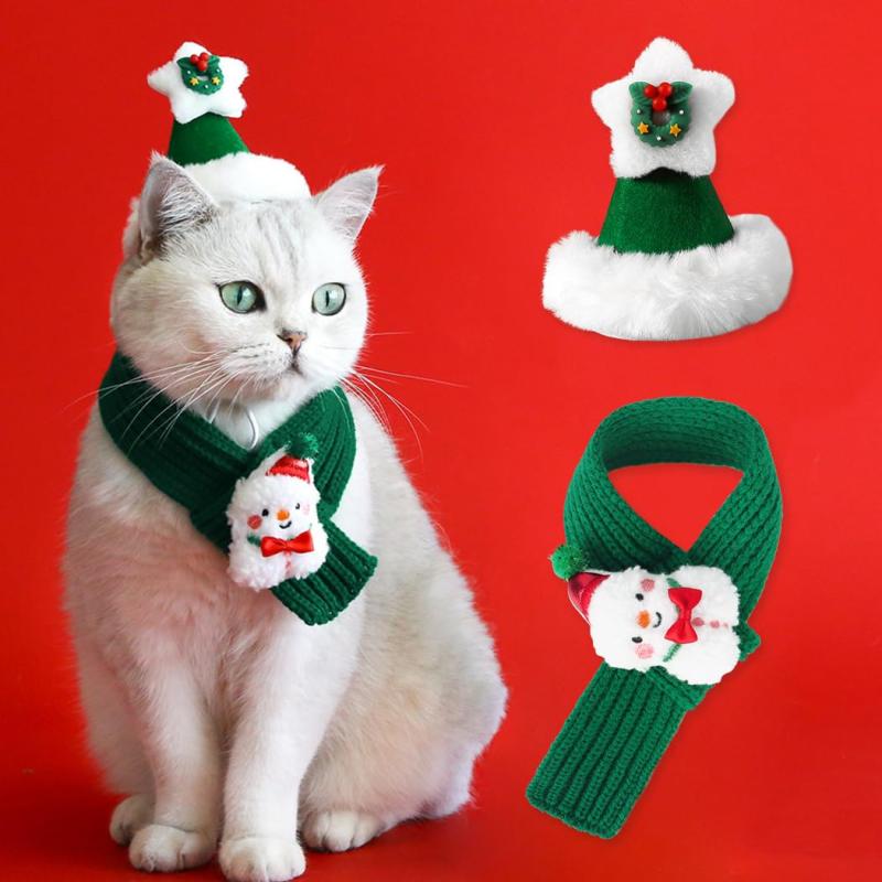 AmzBarley ペット クリスマス 帽子+マフラーセット サンタ 雪だるま 犬用 コスチューム 秋冬 柔らかい 暖かい 防寒 調節可能 猫 衣装 犬服 スカーフ 猫犬両用 祝い プレゼント パーティー 撮影