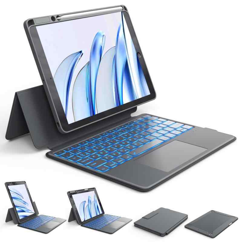 樂天商城 - CHESONA iPad 第9世代 / 第8世代 / 第7世代 10.2インチ 用 キーボードケース マグネット着脱式 タッチパッド付き 7色バックライト 耐衝撃 タブレットケース 角度調節可能 (ダークグレー)