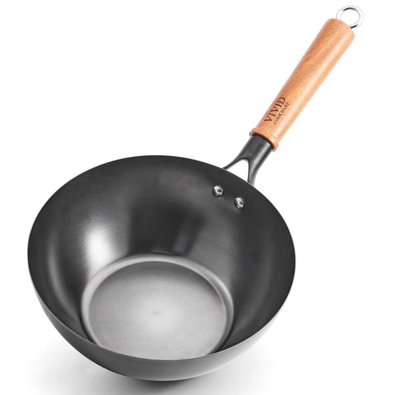 Rakuten - VIVIDCOOKWARE 11インチ 鉄製中華鍋 冷間鍛造鉄製中華鍋 ガラス蓋付き 高耐久 炒め鍋 丸底 木製ハンドル付き ガス火 丸底IHコンロ用
