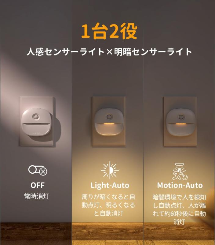Lyridz センサーライト 室内 足元灯 コンセント 常夜灯 無段階調光 フットライト ...