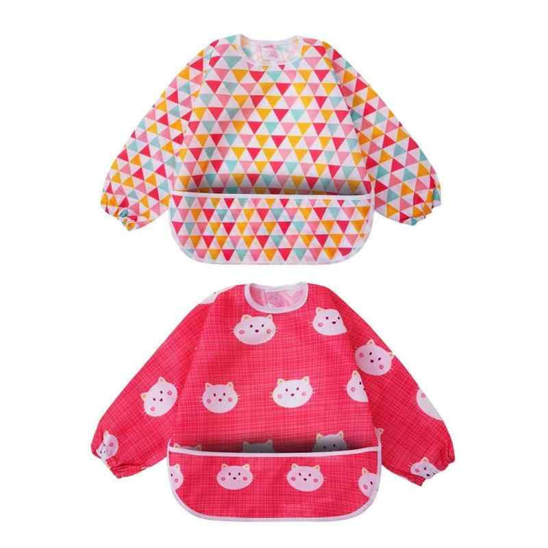 Rakuten - Little Dimsum 長袖 ピンク三角形と猫 食事用 防水エプロン 立体ポケット 軽量 速乾 子供用 ポケット付き 保育園用 幼稚園用12-40ヶ月