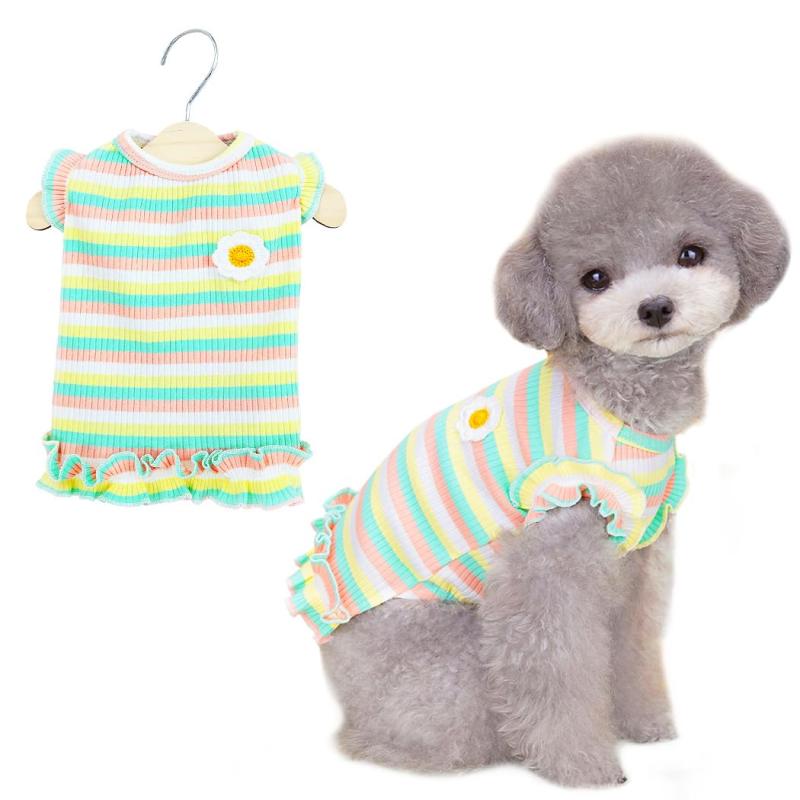 Pet Goods - AmzBarley 犬の服 ワンピース 春 夏 綿製 ストライプ 立体花柄 可愛い 犬服 小型犬 中型犬 服 シャツ クールベスト 丸首 半袖 薄手 吸水 通気性 伸縮性 柔らかい 犬服 ベスト 洋服 猫 子犬 中小型