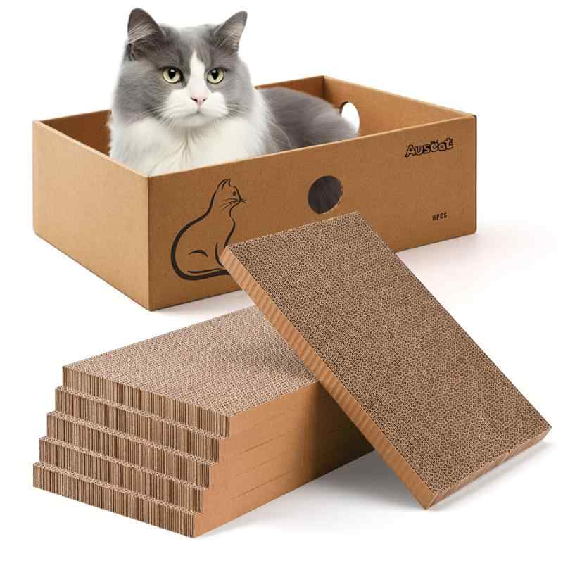 AUSCAT 猫 爪研ぎ 段ボール つめとぎ 替え 6枚入り 猫ベッド兼用 ダンボール 箱 37×27×13CM【商品情報】本体サイズ：37×27×13cm 数量：箱x1；爪とぎサイズ：36×26×2cm 数量：爪研ぎx6。小さめのサイズのため、購入する際にご確認お願いします。【多機能爪とぎ】箱が猫ベッドとして使えることができ、とぎカスも飛び散らず、お掃除らくらくです。側面には取り出しに便利な穴があり、猫の座る姿をイメージした模様がインテリアに馴染むシンプルなデザインになっています。【長持ち】こだわりの100％原紙を使い、大切な猫に安心して使えていただけます。しっかりした爪とぎが裏返して使用もできて、また高密度強化した段ボールを使用しているので一般的な爪とぎより長持ちです。【家具を保護する】付属のまたたびを箱の底にふりかけてみてください。猫を正しい爪とぎ場所へ誘うのに効果的で、家具を猫の爪から守ります。 またたびは数回に分けて（1週間に2〜4回程度）お使いください。【安心購入対応】AUSCATが高品質で機能性の高い製品を提供し続けていくことを努めてまいります。すべての商品が品質検査を行いました。万が一商品の不具合や破損等ございましたら、無料で代替品との交換が可能なので、安心してご注文いただけます