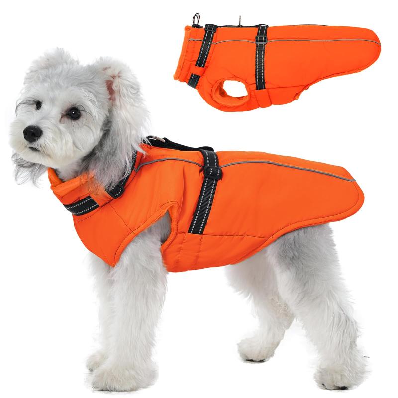 樂天商城 - Lelepet 犬用コート 冬 犬服ジャケット 背中開き 防寒 暖かい 犬服 着脱簡単 保温 ペット綿服 戸外運動 防風服 ハーネス付き 冬服コート (オレンジ, S)