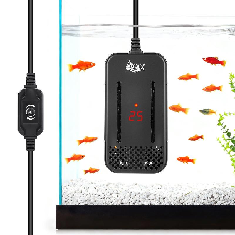 AQQA 水槽用ヒーター 亀ヒーター 15~34℃温度調節 デジタル表示 コントローラー付 小型ヒーター 縦横設置可能 省エネ 熱帯魚 観賞魚対応 (ブラック, 100W)