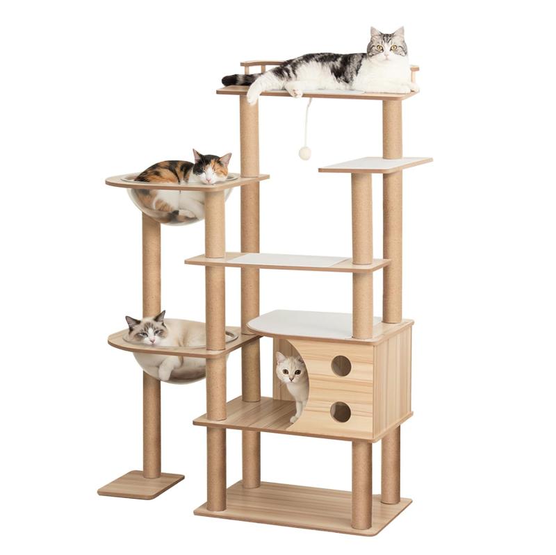 PETTIFUL キャットタワー 木製 据え置き 多頭飼い おしゃれ シニア 大型猫 宇宙船 【滑り止めマット付き】 クリアボウル 木目 インテリア性 大型 省スペース 成猫 子猫 人気 安定性高い 上下し【サイズ・材質】台座（大）40*60cm、台座（小）20*30cm、宇宙船直径35cm/35cm、高さ140cm。手作業の測定ですので、多少の誤差がある場合がございます。主な材質：表面に木目プリントが張り合わせたMDF基材、紙管に麻紐巻き。【インテリア性が高い】落ち着いた色合いながら、上質さを感じる質感と美しい木目が存在感を演出。どんな空間にも自然に調和し、置くだけで洗練された雰囲気をプラスします。【滑り止めマット付き】猫ちゃんが踏むスペースの形にぴったり張り付けいただける滑り止めマット付属いたします。滑々の板に怖がる猫ちゃんにも愛用してくれます【お手入れ楽々】表面は水をはじく加工をしており、汚れが染み込みにくく、サッと拭き取るだけで清潔を保てます。宇宙船もネジ止めしておりませんので、水洗いいただく際に取り外し便利です。【簡単組立】大型サイズですが、手すり付きのパーツはすべてあらかじめ取り付けた状態でお届けいたします。複雑な作業はなく、初めての方でも安心して組み立てられます。【省スペース】壁際にぴったり、ソファ横でもスマートコーナーにも設置いただける、狭い部屋向けのデザイン。上から見ても、はみ出しが少ない。【安定感バツグン】12mm 厚の丈夫な繊維板素材を使用。重量感がしっかりあるので、猫が激しく飛び跳ねても土台が揺れず転倒を防止します
