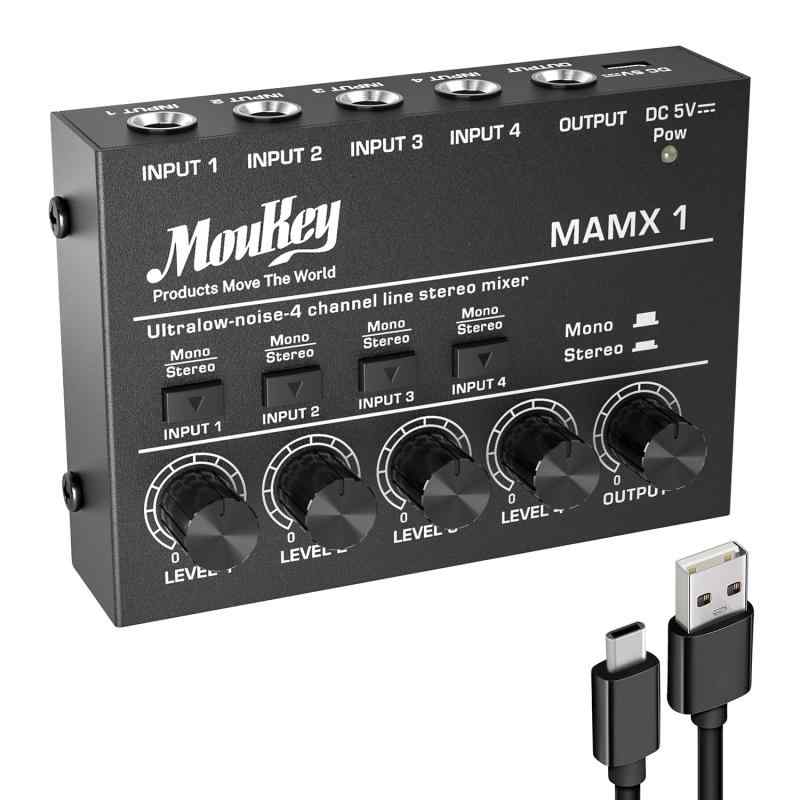 Moukey 低ノイズ 4チャンネル ライン ミニオーディオミキサー、DC 5V、4ステレオ ウルトラ、サブミキシング用、小規模クラブやバー向け、ギター、ベース、キーボード用ミキサー、MAMX1ステレオ/モノラル切り替え: ｢ステレオ」入出力接続には、1/4インチ（6.35mm）TRSステレオオーディオケーブルのオス-オスコネクターを使用する必要があります。次に切り替えキーを押します。｢モノラル」八つのモノ信号入力を1つのモノ信号出力にミックスします（ TRS / TSケーブルはパッケージに含まれていません）省スペース＆便利: コンパクトシンプルなサウンドミキサー操作も持ち運びも便利です。複数のチャンネルを1つのオーディオトラックにミックスする必要があるマルチキーボードデバイスや録音に最適です。素材：鉄金属DC 5V 給電: 最新のDC 5V給電モードを使用するため、使い方と使用場所が制限されなくなります操作簡単: 各トラックには独立した音量調整ノブがあり、各入力チャンネル、個別のボリュームを調整することができます。さまざまなソース（マイク、ギター、ベース、およびキーボード）からの音をモニタリングします低ノイズ: 超低ノイズの操作性を備え、優れたオーディオパフォーマンスを提供します。歪みがなく、セットアップが簡単で、複雑さを伴わずに4つのラインレベル信号をすばやくミキシングするのに理想的です