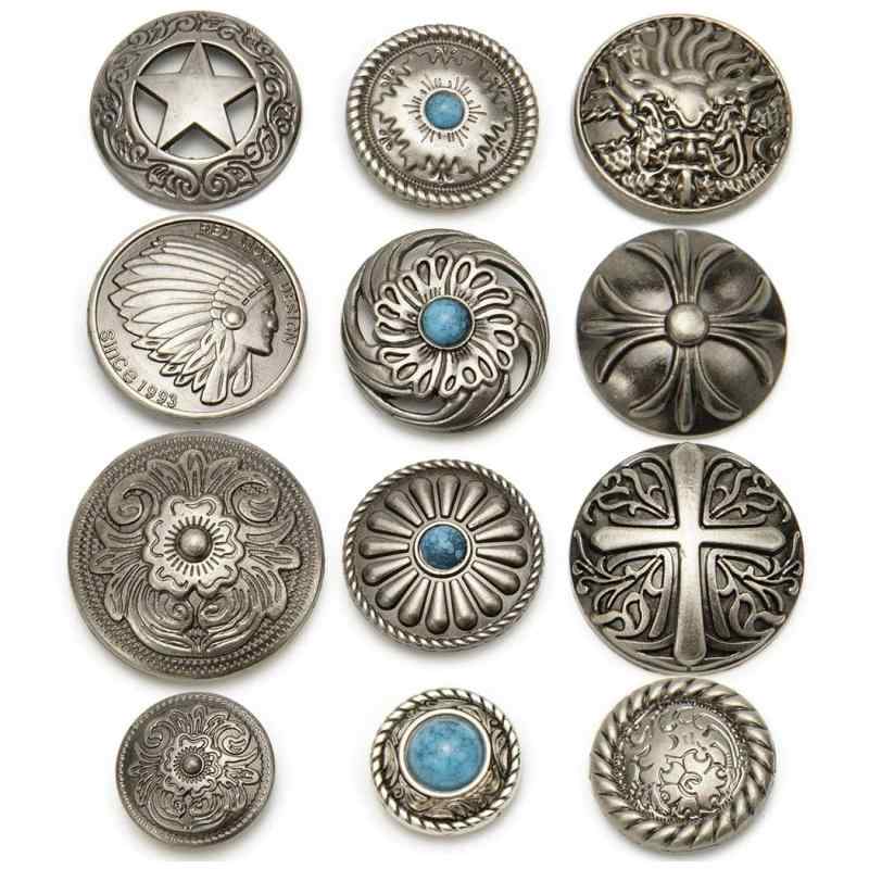 コンチョ ボタン 12個セット ねじ式 アンティーク シルバー 20mm～33mm ターコイズ 唐草 インディアン 龍 五芒星 さくら レザークラフト 財布 手芸