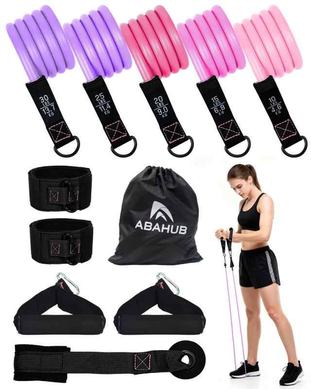 Abahub トレーニングチューブ レディース 筋トレグッズ 45kg/100LBS トレーニング 筋トレチューブ 強度別5本セット ドアアンカー 足首バンド ハンドル 収納袋付き ホームジムセット ボディシェ whitehalca-10252308 White market パッケージ画像