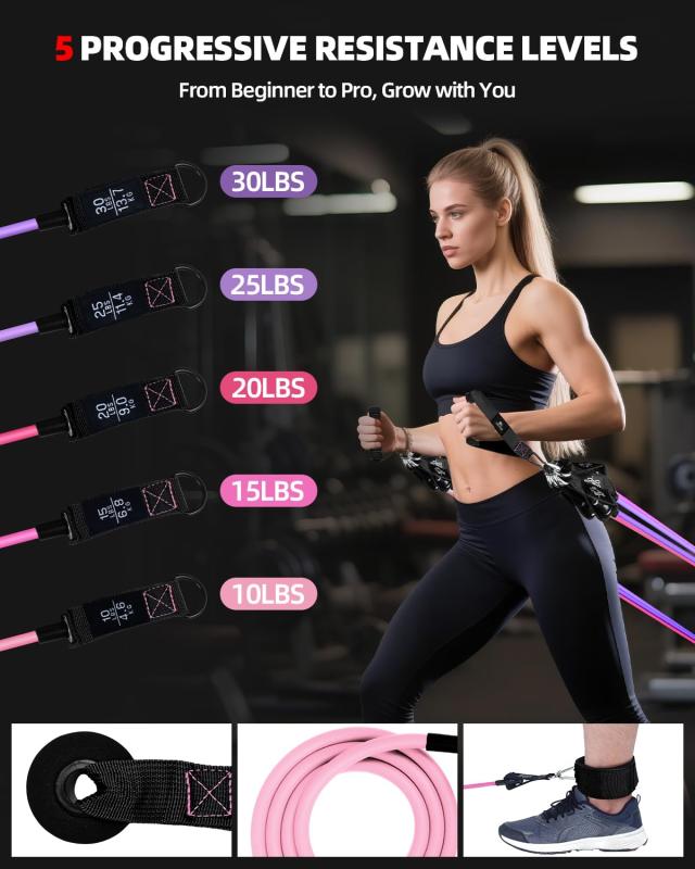 Abahub トレーニングチューブ レディース 筋トレグッズ 45kg/100LBS トレーニング 筋トレチューブ 強度別5本セット ドアアンカー 足首バンド ハンドル 収納袋付き ホームジムセット ボディシェ whitehalca-10252308 White market サンプル画像3
