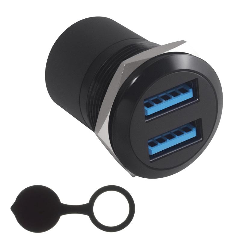 Duttek デュアルポート USBカプラーメスメスアダプター IP67 USBバルクヘッドコネクタ 5Gbps USB 3.0パネルマウントアダプター ネジ式ラウンドコネクタ 車 オートバイ用 (ブラック-1パック)