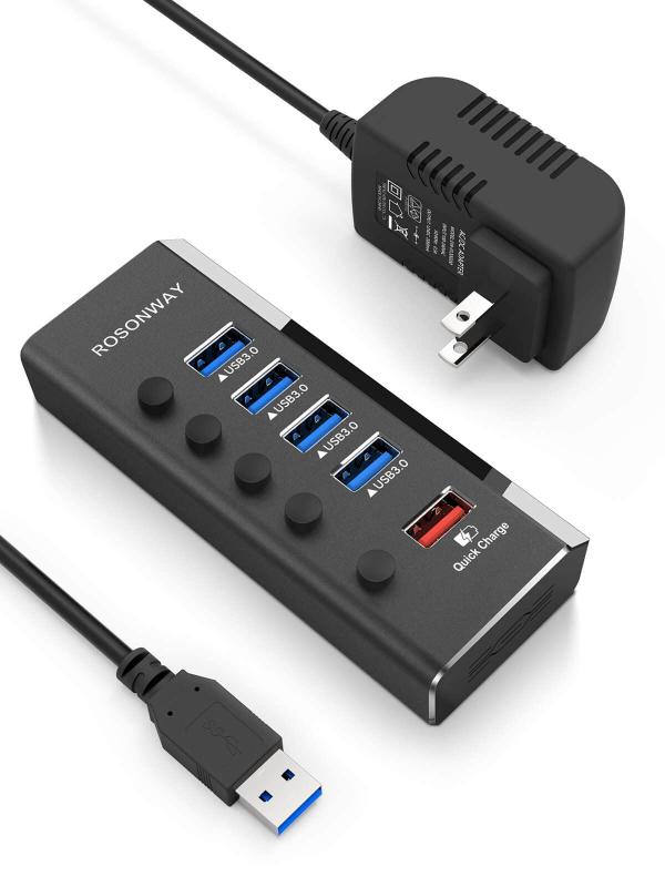 ROSONWAY USB ハブ 電源付き アルミ製 4ポートUSB3.0高速拡張+1つの急速充電ポートUSB Hub セルフパワー 12V/2A ACアダプタ 独立スイッチ付き(RSH-A35)