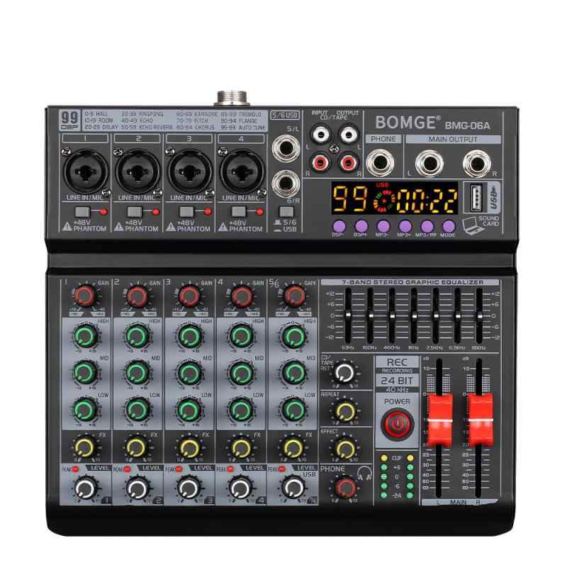 BOMGE 06A Professional 6 Channel DJ Audio Mixer, DJ Controller Sound Mixer with 99 DSP Effects,7-band EQ Independent 48V Blueto