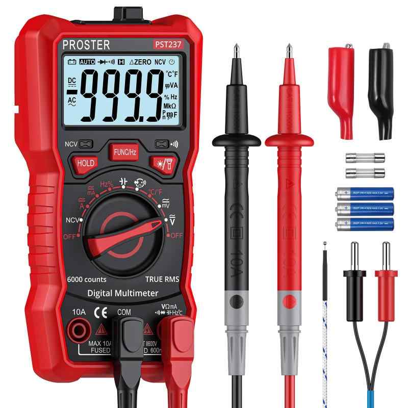 Proster テスター デジタルマルチメーター 6000カウント AC/DC電流 AC/DC電圧 NCV 真の実効値 抵抗 ダイオード 導通 静電容量 周波数 温度測定テスター テストリード ワニ口クリップ 日本語説明書