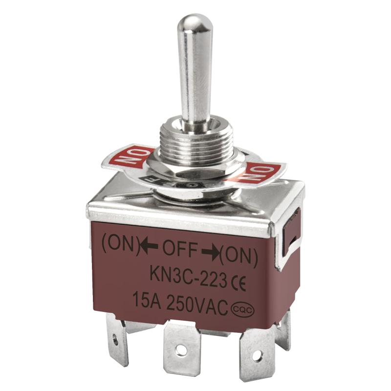 Heschen メタルトグルスイッチ KN3C-223 DPDT (ON)-OFF-(ON) 6極 3ポジション モーメンタリ 自動リセット 15A 250VAC 金属製 大電流 平型タブ端子 自動車 産業用