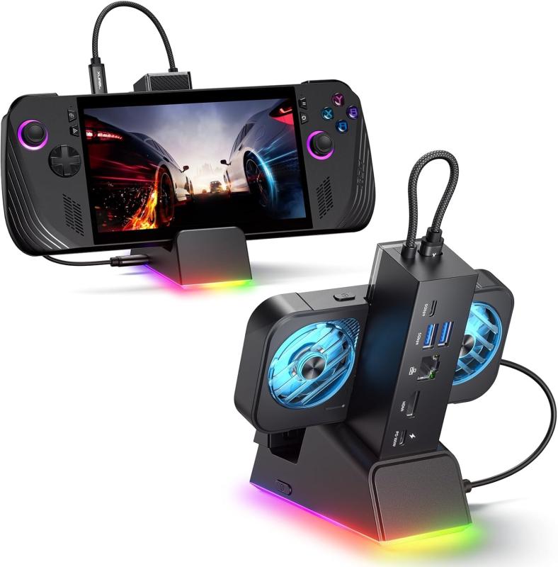 JSAUX RGB冷却ファン搭載 ドッキングステーション ROG Ally X/ROG Ally/Steam Deck/Legion Go対応、7-in-1 ゲーミングドック、HDMI 4K@120Hz、Gigabit Ethernet、USB A×2