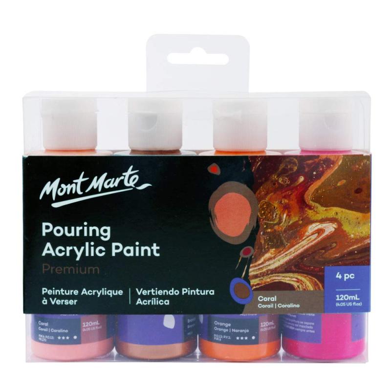 Mont Marte アクリルポーリング絵具セット 珊瑚色 注ぎ塗料 Pouring Acrylic Set 4 x 120ml ペイン ミックス済み Premixed キャンバス 木材 中密度繊維板 空気乾燥粘土など様々な表面に適用